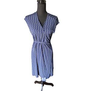 Michael Michael Kors Blue Chain Print Wrap Dress – Short Sleeve Belted – Size PL